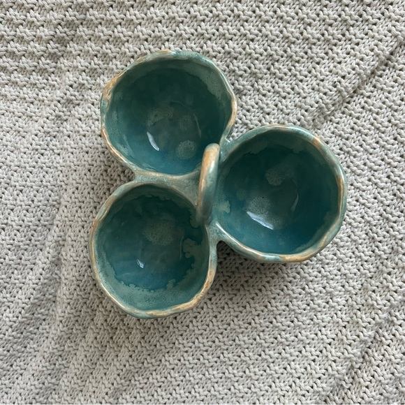 Other - Handmade Small Ceramic Serving Dish // 3-Part Server // 5” x 5.75” // Teal